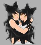  2013 2girls bare_shoulders black_hair blake_belladonna bow dated dual_persona eye_contact hair_bow hair_ornament hug long_hair looking_at_another multiple_girls rwby selfcest signature simple_background vnixxir yellow_eyes yuri 