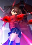  1boy 1girl absurdres archer black_bow black_legwear black_skirt blue_eyes blurry blurry_background bow brown_hair celeryma copyright_name fate/stay_night fate/unlimited_blade_works fate_(series) floating_hair hair_bow head_tilt highres long_hair long_sleeves looking_at_viewer miniskirt pleated_skirt red_shirt shiny shiny_hair shirt skirt standing thighhighs tohsaka_rin twintails twitter_username 