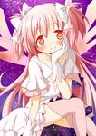  chin_rest dress gloves hair_ribbon hand_on_own_cheek kaname_madoka long_hair looking_at_viewer mahou_shoujo_madoka_magica pink_hair pink_legwear ribbon smile solo thighhighs tsubaki_(tatajd) two_side_up ultimate_madoka white_dress white_gloves yellow_eyes zettai_ryouiki 