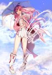  ahoge boots bow cape cloud day gears long_hair original petals pigeon-toed pink_eyes pink_hair reflection rubber_boots sky solo twintails umbrella uuhui very_long_hair 