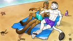  5_toes abs anthro barefoot beach biceps blue_eyes blue_hair blush brown_fur bulge clothing collar couple crotch_grab dark_hair duo embarrassed ermine fondling fur gay grope hair hand_in_pants hand_in_underwear handjob male mammal muscles mustelid nipples otter pecs pose public sand seaside sex shorts swimsuit toes topless towel tsaiwolf webbed_hands white_fur 