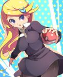  1girl ace_trainer_(pokemon) ariaridoradora blonde_hair blush breasts ears hair_ornament hairclip hips legs long_hair looking_back necktie nintendo npc_trainer pantyhose poke_ball pokemon pokemon_(game) pokemon_xy purple_eyes small_breasts solo wide_hips 