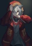  1girl absurdres animal_ear_fluff animal_ears arknights bangs coat dagger fur_coat gas_mask grey_background grey_eyes grey_hair highres holding holding_dagger holding_knife holding_weapon knife long_sleeves looking_at_viewer mask miike_(992058) parted_lips projekt_red_(arknights) red_coat reverse_grip short_hair solo upper_body weapon wolf_ears wolf_girl 