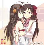  ahoge banned_artist bare_shoulders brown_hair commentary_request detached_sleeves hair_ornament hair_ribbon hairband hairclip japanese_clothes kantai_collection kongou_(kantai_collection) long_hair mamiya_(kantai_collection) multiple_girls nontraditional_miko partially_undressed red_eyes ribbon tsuti upper_body yuri 