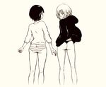  arashiyama_hotori ass blush butt_crack hood hoodie kon_futaba looking_back monochrome multiple_girls no_pants open_mouth panties short_hair soredemo_machi_wa_mawatteiru standing striped striped_panties susi_(sousome) thong underwear 