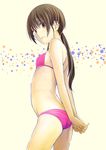  arms_behind_back ass bad_anatomy bangs bare_arms bare_shoulders bikini breasts brown_eyes brown_hair cowboy_shot fingernails from_side hands_clasped highres hitori_(htr_t) long_hair looking_at_viewer looking_to_the_side low_twintails original own_hands_together pink_bikini small_breasts solo swimsuit twintails 
