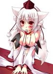  all_fours animal_ears bad_id bad_pixiv_id blush breasts cleavage collar hat inubashiri_momiji large_breasts leash meiya_neon mouth_hold nipples panties red_eyes smile solo striped striped_panties tail tokin_hat topless touhou underwear white_hair wide_sleeves wolf_ears wolf_tail 