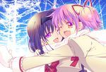  ;d akemi_homura black_hair cheek-to-cheek hair_ribbon hairband hug kaname_madoka long_hair mahou_shoujo_madoka_magica mittens multiple_girls one_eye_closed open_mouth pink_eyes pink_hair purple_eyes ribbon scarf school_uniform shared_scarf short_hair smile tama_two_(fukuya) twintails upper_body yuri 