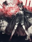  battleship_hime black_dress black_hair breasts cleavage collar deco_(geigeki_honey) dress glowing glowing_eyes highres horns kantai_collection long_hair medium_breasts oni_horns pale_skin red_eyes saliva shinkaisei-kan short_dress very_long_hair 