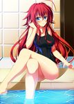  ahoge blue_eyes blush breasts competition_swimsuit crossed_legs high_school_dxd huge_ahoge kazeoto_kirito large_breasts long_hair looking_at_viewer one-piece_swimsuit open_mouth pool poolside red_hair rias_gremory sitting solo swimsuit tile_wall tiles 