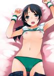  black_eyes black_hair blush breasts cameltoe denim hair_ornament hairclip idolmaster idolmaster_cinderella_girls jeans long_hair lying medium_breasts navel nipples on_back open_mouth panties pants pants_pull ponytail rookie_trainer sawamura_hikaru shirt_lift solo tank_top trainer_(idolmaster) underwear wristband 