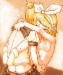  1girl ass belt blonde_hair brother_and_sister carrying eyes_closed headphones held_up incest kagamine_len kagamine_rin kakkou_(su) nude pants_down ribbon sex short_hair siblings small_breasts sweat twincest twins vaginal vocaloid 