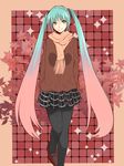  aqua_hair arms_behind_back bad_id bad_pixiv_id blush green_eyes hatsune_miku highres leaf long_hair looking_at_viewer pantyhose sanwa_(koyabu2171) scarf skirt smile solo sweater twintails very_long_hair vocaloid 