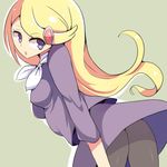  1girl ace_trainer_(pokemon) ariaridoradora ass back blonde_hair blush breasts dress hair_ornament hairclip hips long_hair looking_back necktie nintendo npc_trainer pantyhose pokemon pokemon_(game) pokemon_xy purple_eyes sideboob small_breasts solo 