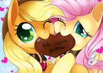  applejack_(mlp) blonde_hair blue_eyes collar cowboy_hat duo english_text equine female fluttershy_(mlp) freckles friendship_is_magic green_eyes hair hat horse hug kohtek looking_at_viewer mammal my_little_pony one_eye_closed pegasus pink_hair pony text wings wink 