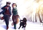  clothing collar couple dog duo feline female leash male mammal non_sexual panic_(character) park smile snow tree twinkle-sez victoria_(feline) winter wolf 