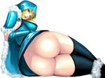 ass black_legwear blonde_hair breasts brooch cape defense_of_the_ancients dota_2 elbow_gloves forehead_jewel fur_trim gloves green_eyes highres hood jewelry kumiko_shiba large_breasts lying no_panties on_side rylai_crestfall solo thighhighs underwear 