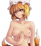  between_breasts blonde_hair breasts fox_tail hand_between_breasts hat highres multiple_tails nipples nude short_hair small_breasts solo tail toluda touhou upper_body yakumo_ran yellow_eyes 