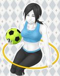  argyle argyle_background ball bare_shoulders closed_mouth collarbone highres hoop hula_hoop jewelry navel ring short_hair shorts simple_background sitougara skin_tight sleeveless smile soccer_ball solo super_smash_bros. tank_top telstar white_skin wii_fit wii_fit_trainer 