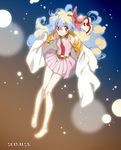  1girl barefoot cape cloud_hair flower hair_flower hair_ornament jewelry long_hair multicolored_hair nia_teppelin pink_skirt skirt smile solo symbol-shaped_pupils tengen_toppa_gurren_lagann two-tone_hair younger yukimitsuki 