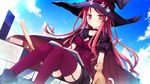  1girl bolero book breasts cape cat cropped_jacket game_cg hat hinomiya_ayari ko~cha long_hair outdoors red_eyes red_hair red_legwear red_thighhighs sky solo thighhighs very_long_hair witch&#039;s_garden witch's_garden witch_hat 