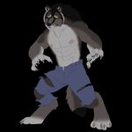  anthro biceps big_muscles black_background black_nose canine claws clothing fangs fur grey_fur looking_at_viewer male mammal muscles nipples pants pecs plain_background pose rrowdybeast shorts solo standing teeth toe_claws toned topless torn_clothing underwear were werewolf wolf yellow_eyes 