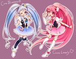  :d ;d aino_megumi arm_warmers blue_eyes blue_hair blue_skirt boots bow character_name cure_lovely cure_princess earrings hair_ornament happinesscharge_precure! heart heart_hair_ornament high_heels high_ponytail jewelry long_hair magical_girl multiple_girls one_eye_closed open_mouth pink_bow pink_eyes pink_hair polka_dot polka_dot_background ponytail precure puffy_sleeves purple_background ribbon shirayuki_hime skirt smile text_focus thigh_boots thighhighs twintails uzuki_aki v very_long_hair wide_ponytail zettai_ryouiki 