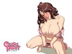  1girl areolae barefoot blush breast_squeeze breasts brown_eyes brown_hair charm_point feet highres huge_breasts legs long_hair looking_at_viewer navel nipples no_bra no_panties open_clothes pubic_hair simple_background smile solo squatting text thighs toes translated white_background 