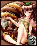  akaikonomi animal_ears bad_id bad_pixiv_id blush bottle brown_eyes brown_hair futatsuiwa_mamizou glasses gourd kiseru leaf leaf_on_head open_mouth pince-nez pipe raccoon_ears raccoon_tail short_hair skirt smile solo tail touhou 