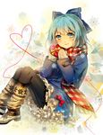  bad_id bad_pixiv_id blue_eyes blue_hair bow box cirno coat contemporary frills gift gift_box hair_bow heart heart_of_string ice ice_wings leg_warmers looking_at_viewer mittens multicolored multicolored_background nosaki pantyhose plaid plaid_scarf reclining scarf short_hair smile snowflakes solo touhou wings 