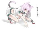  all_fours animal_ears atoshi cat_ears cat_tail grey_hair kantai_collection kemonomimi_mode lavender_hair red_eyes short_hair slit_pupils solo tail tama_(kantai_collection) 