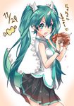  bad_id bad_pixiv_id bracelet date_pun dated dinosaur dinosaur_tail fang food green_eyes green_hair hatsune_miku horn jewelry long_hair meat meat_day necktie number_pun open_mouth pun skirt solo spiked_bracelet spikes tail twintails very_long_hair vocaloid yutoriro 