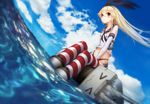  black_eyes blonde_hair blush clouds elbow_gloves kantai_collection long_hair ribbons shimakaze_(kancolle) sky thighhighs water yilan 