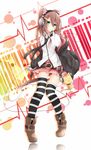  animal_ears belt brown_hair cat cat_ears cat_tail chabaneko headphones highres looking_at_viewer original skirt socks striped striped_legwear tail thighhighs yonari_phone_neon 