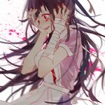  apron bandages blood breasts crazy_eyes crazy_smile danganronpa hand_on_own_head io_(sinking=carousel) long_hair medium_breasts mole mole_under_eye motion_blur nurse open_mouth pink_blood purple_hair red_eyes skirt smile solo spoilers super_danganronpa_2 tsumiki_mikan white_background 