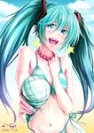  2013 absurdres aqua_eyes aqua_hair bikini dated earrings hatsune_miku highres jewelry long_hair microphone nail_polish navel necklace open_mouth side-tie_bikini solo star striped striped_bikini swimsuit twintails vocaloid 