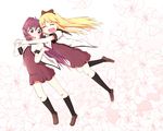  :d black_legwear blonde_hair bow closed_eyes floral_background flower glomp hair_bow highres hug hug_from_behind kneehighs kuranos lily_(flower) long_hair multiple_girls nanamori_school_uniform open_mouth red_eyes red_hair school_uniform serafuku shoes smile sugiura_ayano toshinou_kyouko yuru_yuri 