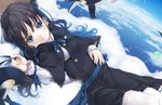  amamiya_chiharu balloon belt bird black_hair blue_eyes capelet cloud dress dutch_angle long_hair lying lying_on_cloud midair neck_ribbon on_back original penguin ribbon sky solo thighhighs white_legwear zettai_ryouiki 