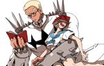  1girl bad_id bad_pixiv_id bespectacled blonde_hair blue_sailor_collar book book_on_head breasts brown_hair couple dark_skin earrings gamagoori_ira glasses hetero holding_hands jewelry kill_la_kill mankanshoku_mako medium_breasts mustad no_bra object_on_head ring sailor_collar school_uniform serafuku short_hair sitting sitting_on_lap sitting_on_person size_difference skirt sleeping spikes underboob uniform 