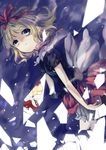  absurdres blonde_hair bloomers blouse blue_background blue_eyes capelet dqn_(dqnww) frown hair_ribbon highres looking_at_viewer medicine_melancholy ribbon shards short_hair short_sleeves skirt solo su-san touhou underwear wind 