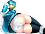  ass black_legwear blonde_hair breasts brooch cape defense_of_the_ancients dota_2 elbow_gloves forehead_jewel fur_trim gloves green_eyes highres hood jewelry kumiko_shiba large_breasts lying on_side panties rylai_crestfall solo thighhighs underwear white_panties 