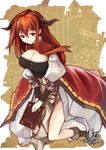  artist_name bad_id bad_pixiv_id book boots breasts cleavage cross-laced_footwear dated demon_horns highres horns kneeling large_breasts long_hair maou_(maoyuu) maoyuu_maou_yuusha noto_tsugumi red_eyes red_hair smile solo 