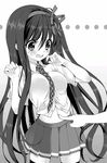  belly_poke between_breasts blush bow breasts embarrassed grey_skirt hair_bow long_hair looking_down monochrome necktie necktie_between_breasts ore_no_nounai_sentakushi_ga_gakuen_love-comedy_wo_zenryoku_de_jama_shiteiru plaid plaid_neckwear poking short_sleeves skirt thighhighs unbuttoned yukiwo yuuouji_ouka 