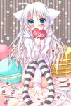  animal_ears blue_eyes blush candy cat_tail commentary_request food happy_valentine heart highres long_hair looking_at_viewer meiya_neon original pancake socks solo striped striped_legwear tail thighhighs valentine very_long_hair white_hair 