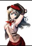  alisa_ilinichina_amiella armpits arms_up bad_id bad_pixiv_id black_gloves blue_eyes elbow_gloves erubo fingerless_gloves gloves god_eater god_eater_2:_rage_burst hat long_hair looking_at_viewer navel open_clothes open_shirt shirt silver_hair skirt solo 