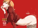  1girl ass bent_over bottomless breasts cloneningen covered_nipples cum cum_on_ass cyborg_009 francoise_arnoul green_eyes medium_breasts open_mouth orange_hair saliva skindentation thighhighs 