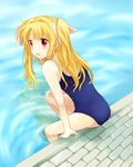  :d blonde_hair competition_school_swimsuit fate_testarossa hair_ribbon long_hair lyrical_nanoha mahou_shoujo_lyrical_nanoha one-piece_swimsuit open_mouth pool poolside red_eyes ribbon school_swimsuit sitting smile solo swimsuit takana twintails two_side_up 