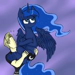  blue_eyes blue_fur blue_hair clothing cutie_mark duo equine faceless female feral fowon friendship_is_magic frown fur hair horn horse human ichibangravity long_hair male mammal my_little_pony pony princess_luna_(mlp) unamused winged_unicorn wings 