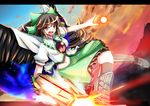  akiyasu arm_cannon bow brown_hair cape commentary_request hair_bow long_hair open_mouth reiuji_utsuho solo touhou weapon wings 