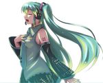  akiyasu aqua_hair breasts closed_eyes detached_sleeves green_hair hatsune_miku headphones long_hair medium_breasts necktie open_mouth profile simple_background skirt solo twintails very_long_hair vocaloid white_background 